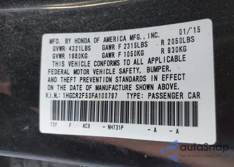 2015 Honda Accord Sport z USA, uszkodzony, nr VIN 1HGCR2F50FA100797